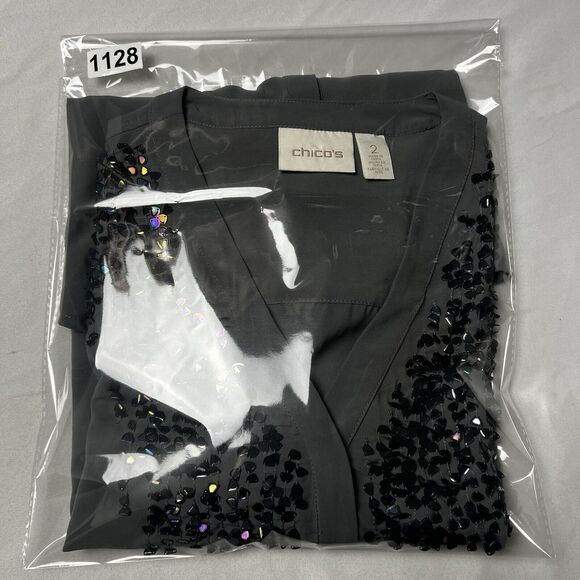 Chico's Womens Grey Sequin Shear Button‎ Down Career Top Size 2 Medium Holiday - Picture 9 of 10